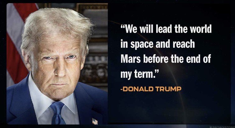 Donald Trump speaks about leading space exploration and reaching Mars during his term, with a serious expression and American flags in the background.