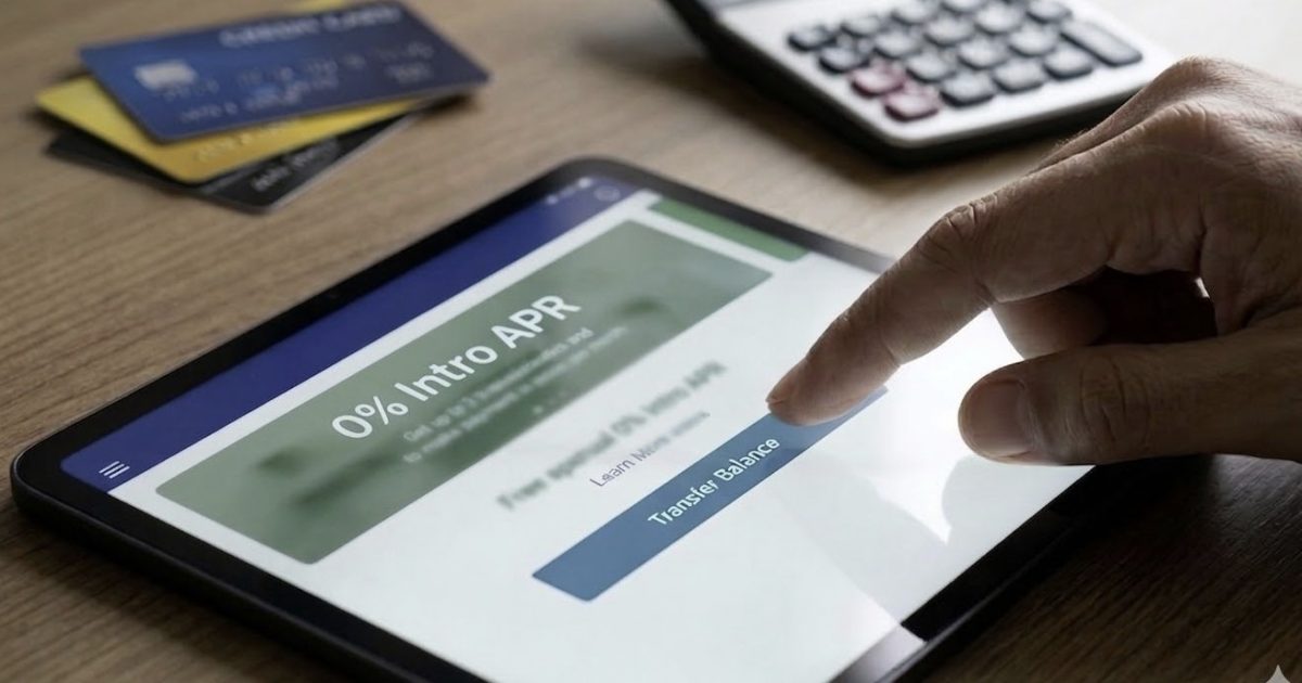 A person using a tablet to navigate a financial app displaying a 0% intro APR offer and a button to transfer balance, with credit cards and a calculator nearby.