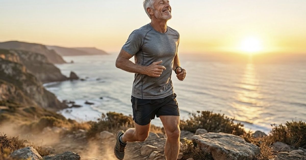 Senior man jogging along a coastal trail at sunset, showcasing an active lifestyle and scenic outdoor exercise.