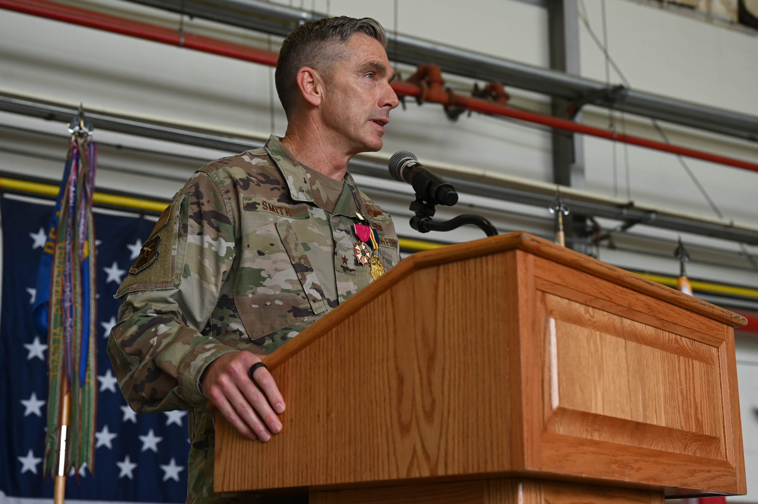 U.S. Air Force Brig. Gen. Shannon D. Smith, outgoing commander, District of Columbia Air National Guard, gives remarks at the change of command ceremony at Joint Base Andrews, Maryland, May 18, 2024. Smith relinquished command to U.S. Air Force Col. Matthew R. McDonough. Prior to serving as commander of the DCANG, Smith served as Chief of Staff at Idaho Air National Guard, Joint Force Headquarters, Gowen Field, Idaho. (U.S. Air National Guard photo by Staff Sgt. Daira Jackson)
