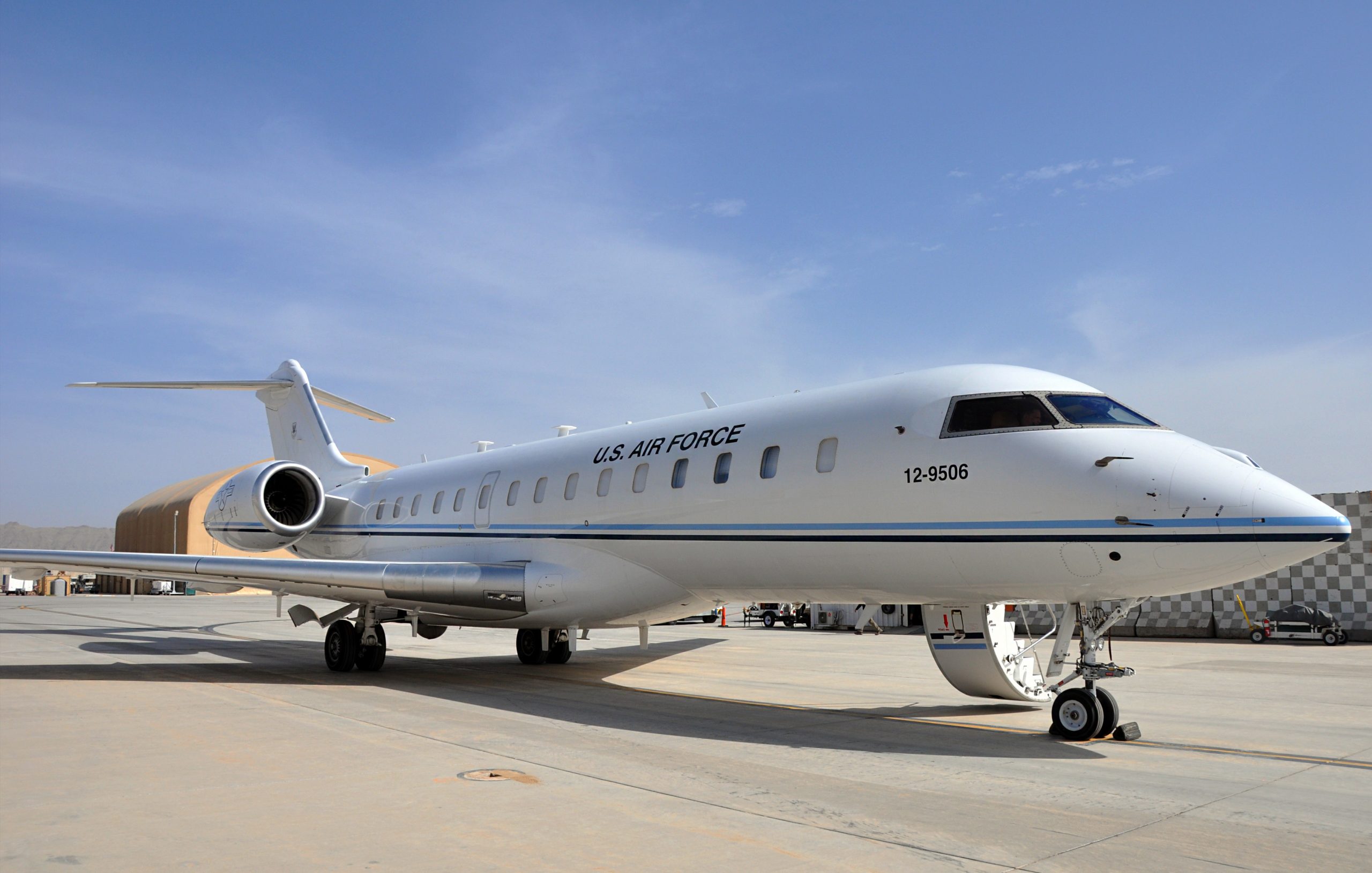 A 430th Expeditionary Electronic Combat Squadron E-11A aircraft outfitted with a Battlefield Airborne Communications Node sits on the runway at Kandahar Airfield, Afghanistan, April 4, 2019. The 430th EECS is the only unit that operates these aircraft with the BACN payload. (U.S. Air Force photo by Capt. Anna-Marie Wyant)