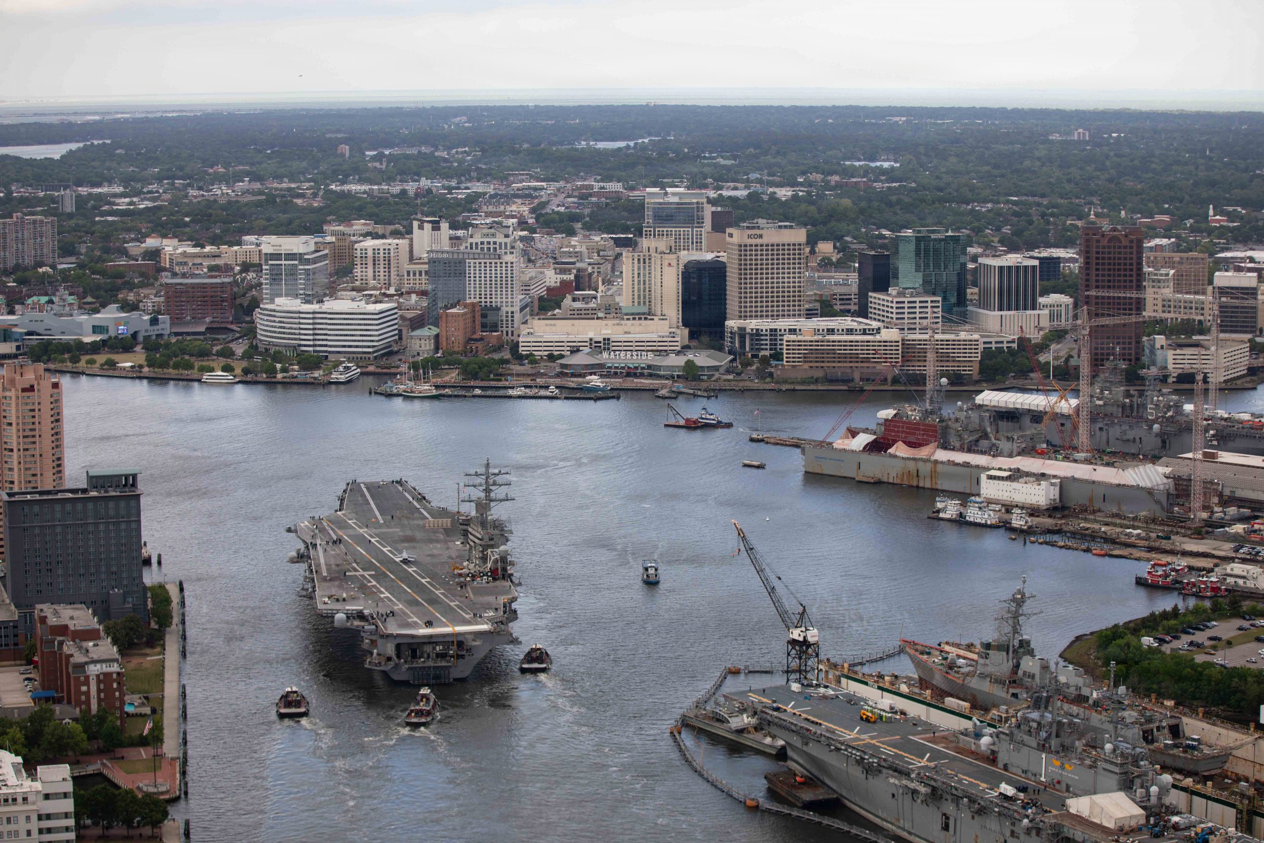 U.S. Navy Nimitz-class aircraft carrier USS Dwight D. Eisenhower (CVN 69) transits the Elizabeth River, Apr. 20, 2026. Eisenhower departed Norfolk Naval Shipyard to conduct Sea Trials, which tests equipment and systems in preparation for future operations and is now in the basic phase of the Optimized Fleet Response Plan. (U.S. Navy photo by Mass Communication Specialist Seaman Nicole Schweigert)