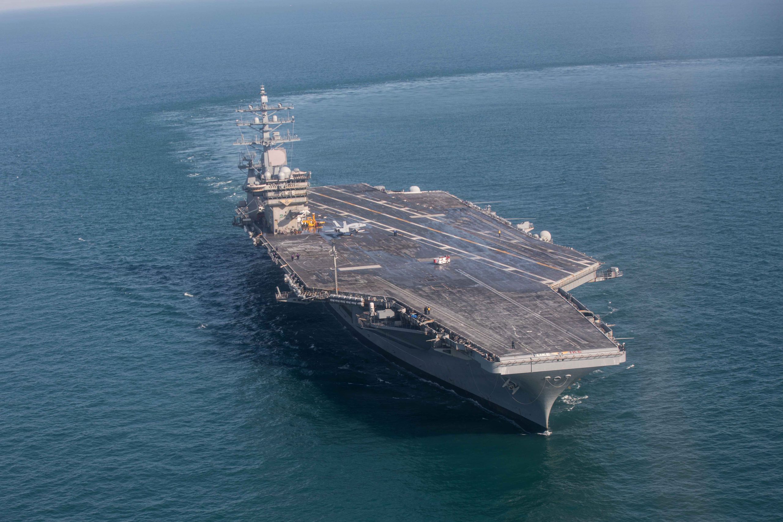 U.S. Navy Nimitz-class aircraft carrier USS Dwight D. Eisenhower (CVN 69) conducts a full power demonstration during Sea Trial in the Virginia Capes, Apr. 22, 2026. Eisenhower returned to sea and is now in the Basic Phase in the Optimized Fleet Response Plan. (U.S. Navy photo by Mass Communication Specialist Seaman Nicole Schweigert)