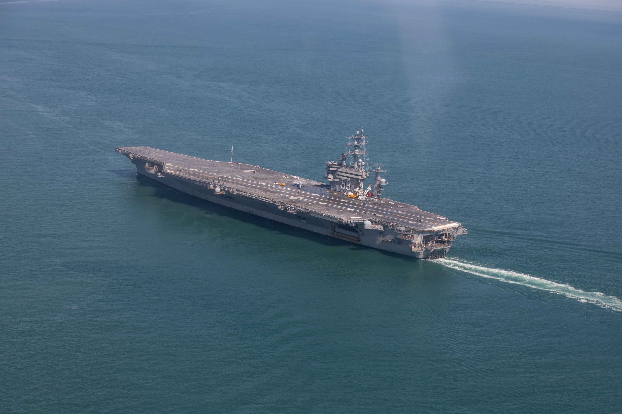 U.S. Navy Nimitz-class aircraft carrier USS Dwight D. Eisenhower (CVN 69) conducts a full power demonstration during Sea Trial in the Virginia Capes, Apr. 22, 2026. Eisenhower returned to sea and is now in the Basic Phase in the Optimized Fleet Response Plan. (U.S. Navy photo by Mass Communication Specialist Seaman Nicole Schweigert)