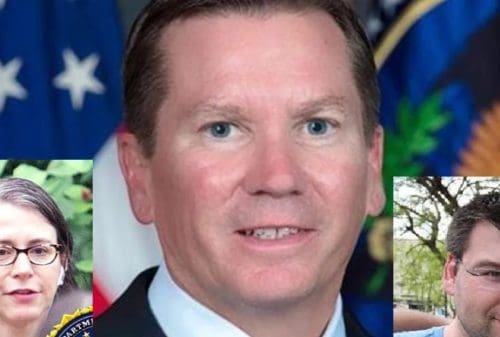 Headshot of a man in a suit, surrounded by images of two other individuals, with flags in the background, representing a professional or governmental context.