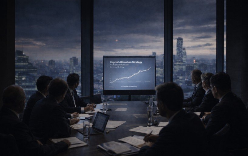 Business professionals in a conference room reviewing a capital allocation strategy presentation with a city skyline in the background.
