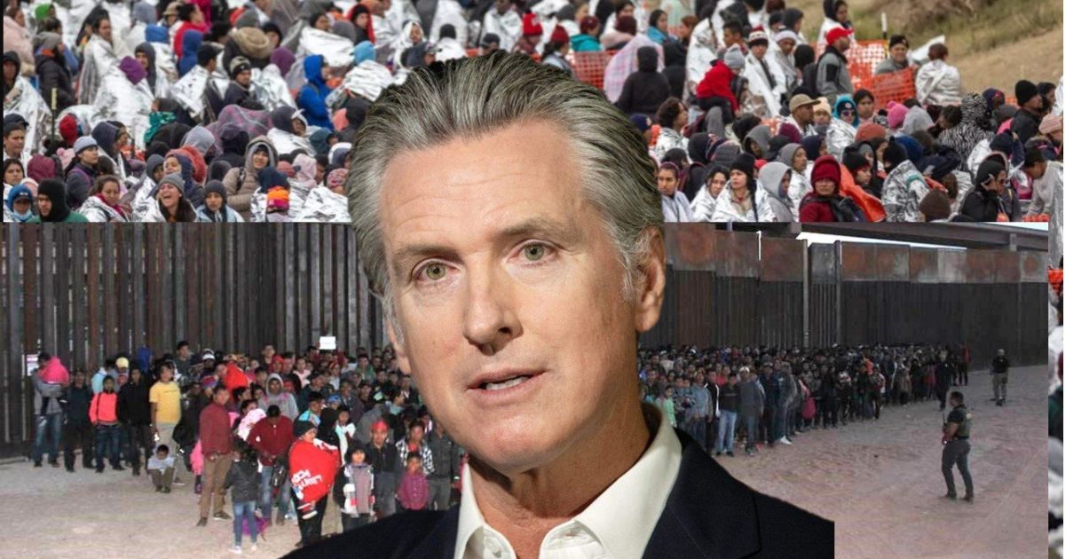California Governor Gavin Newsom discusses immigration issues alongside images of migrants waiting at the U.S.-Mexico border, highlighting the ongoing humanitarian crisis.