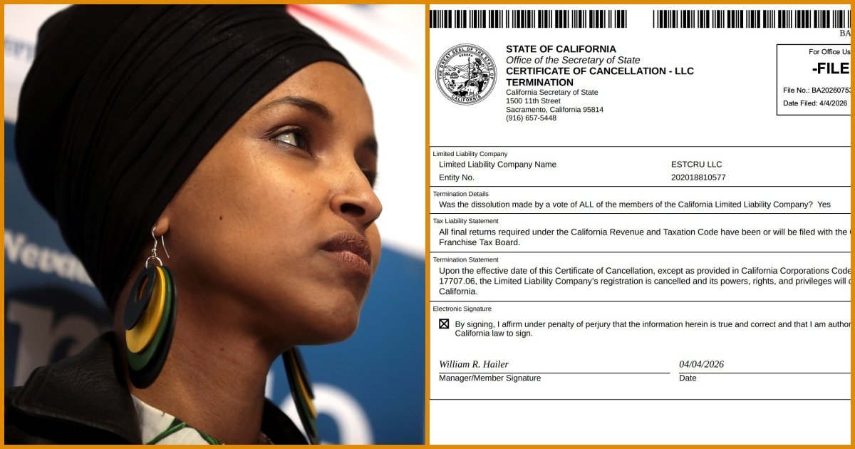 Close-up of a woman with a headscarf and large earrings, alongside a California Certificate of Cancellation for a Limited Liability Company.