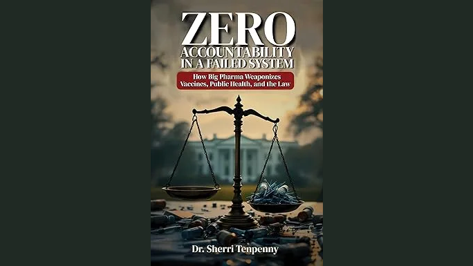 Book cover of Zero Accountability in a Failed System by Dr. Sherri Tenpenny, featuring a balanced scale symbolizing justice against a backdrop of a government building.