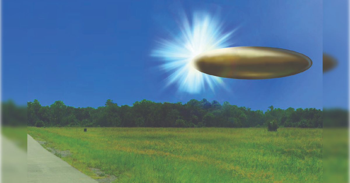 A metallic flying saucer emits light above a grassy field and blue sky, suggesting a UFO sighting in a rural area.