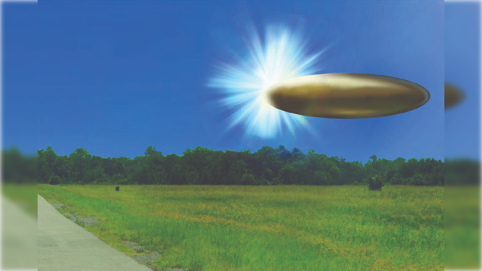 A metallic flying saucer emits light above a grassy field and blue sky, suggesting a UFO sighting in a rural area.