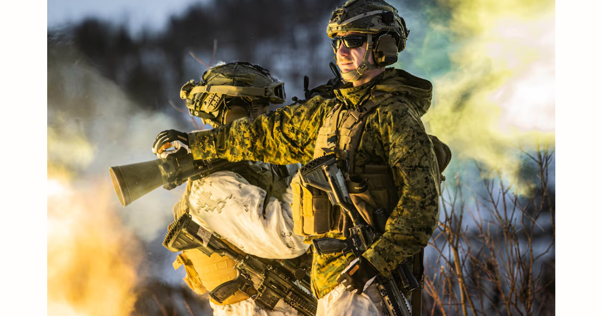 Two soldiers in tactical gear stand in a snowy landscape, one holding a smoke grenade, with smoke and light effects creating a dramatic scene.