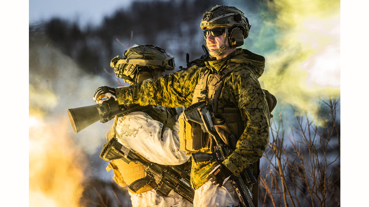 Two soldiers in tactical gear stand in a snowy landscape, one holding a smoke grenade, with smoke and light effects creating a dramatic scene.