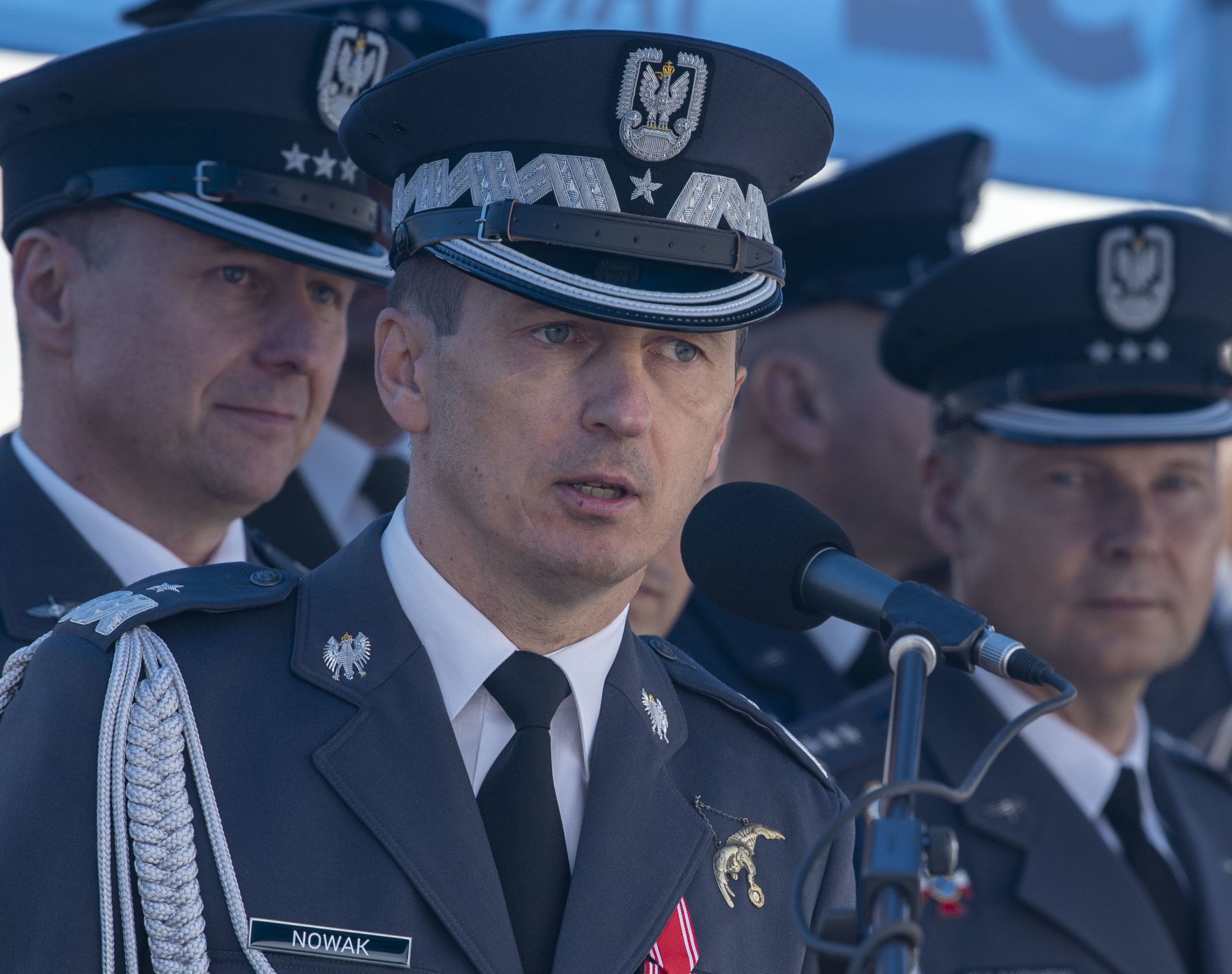 Polish Air Force Brig. Gen. pilot Ireneusz Nowak, 2nd Tactical Air Wing commander speaks at a ceremony celebrating the reopening of the runway at Lask Air Base, Poland, September 21, 2019. Nowak thanked the U.S. forces present at the ceremony and emphasized the shared strength of the U.S. and Polish partnership. (U.S. Air Force photo by Airman 1st Class Kyle Cope)