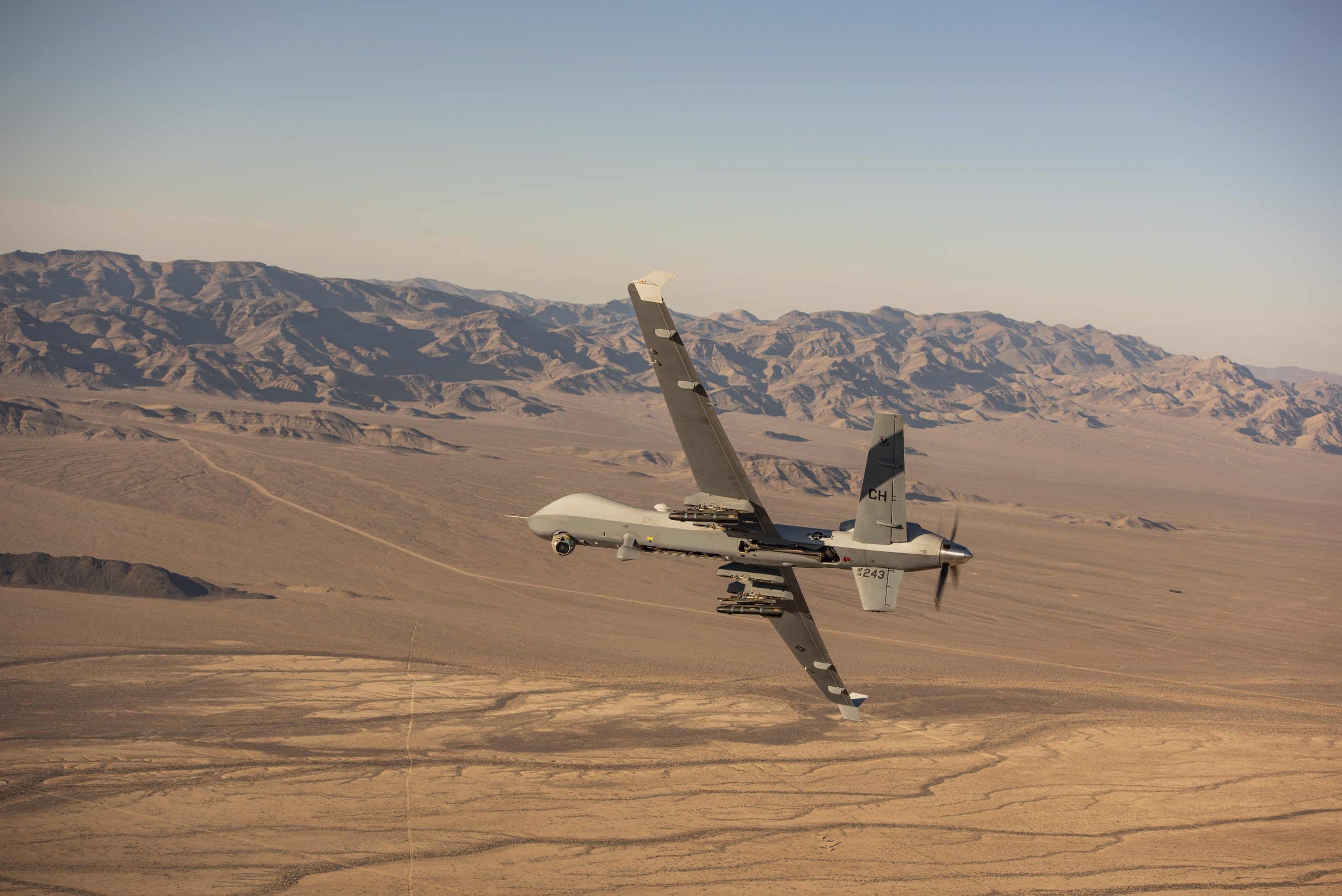 The MQ-9 Reaper flies a training mission over the Nevada Test and Training Range, Jan. 14, 2020. The 432nd Wing/432nd Air Expeditionary Wing flies local sorties at Creech Air Force Base, Nevada to prepare aircrew for launch and recovery roles overseas. (U.S. Air Force photo by Airman 1st Class William Rio Rosado)
