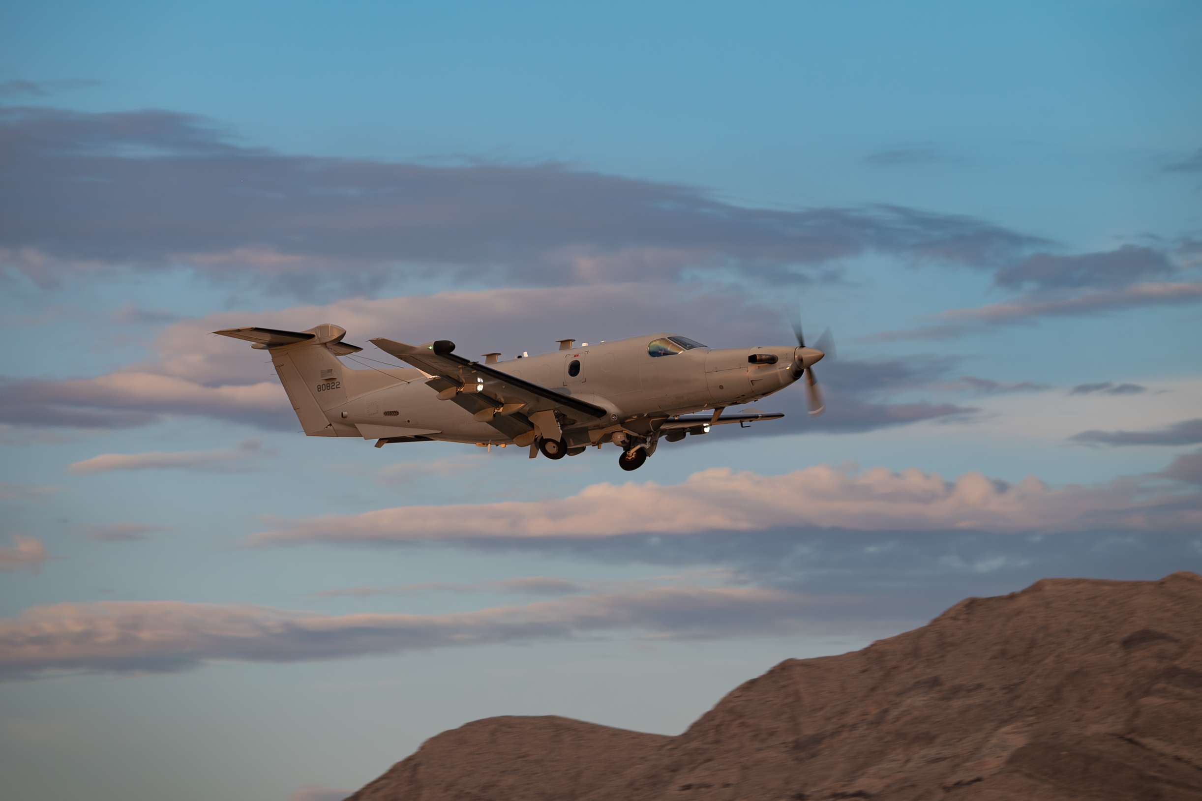 A U.S. Air Force U-28 Draco takes off for a mission during U.S. Air Force Weapons School Integration (WSINT) at Nellis Air Force Base, Nevada, June 4, 2025. Conducted twice a year, the integration event tests multi-domain operations and strengthens joint force interoperability, enhancing combat readiness across the spectrum of military operations over the Nevada Test and Training Range. (U.S. Air Force photo by William R. Lewis)