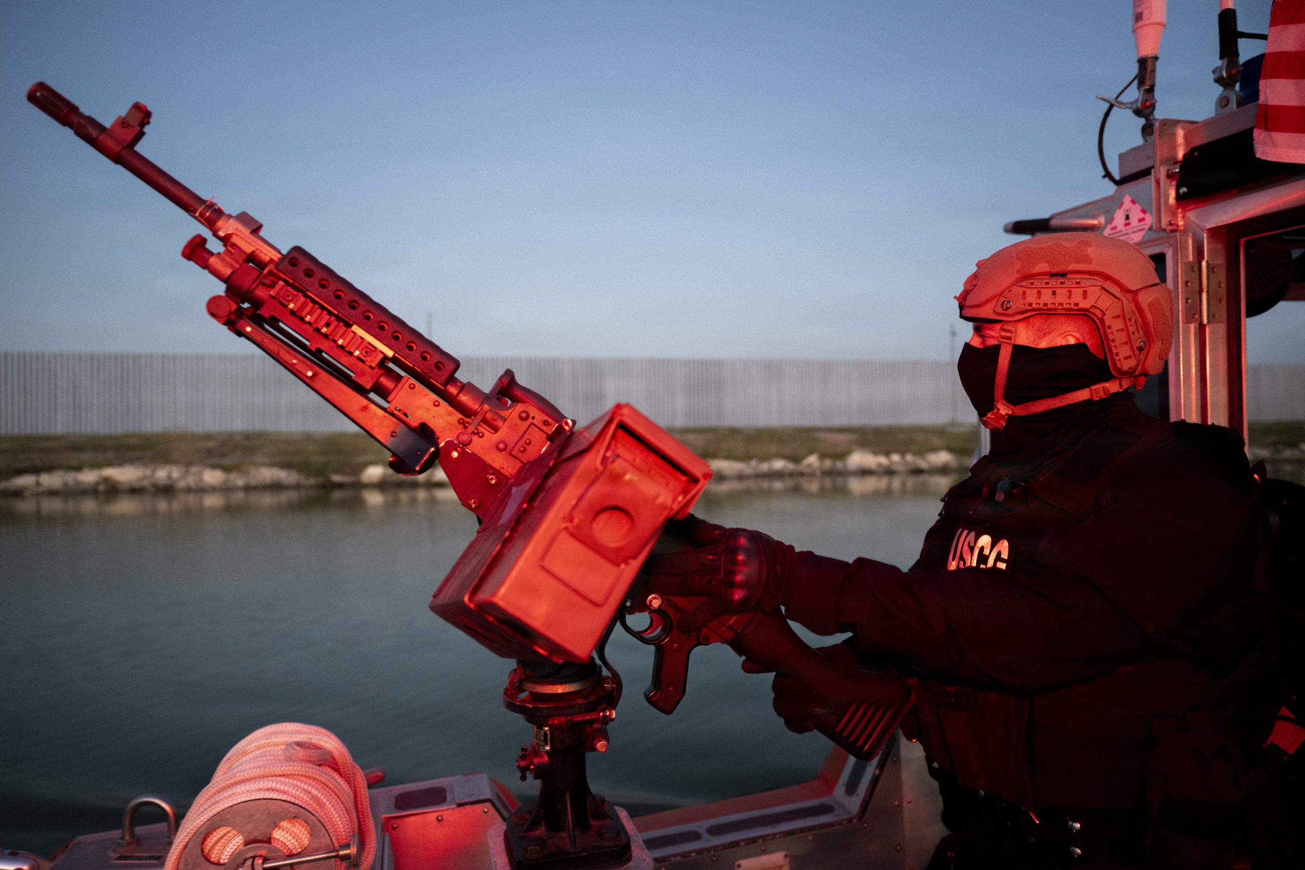 Coast Guard members from Maritime Safety and Security Team Alameda patrol the Rio Grande near McAllen, Texas, Oct. 28, 2025, aboard a 29-foot Response Boat–Small (RB-S). The patrol supports maritime security and law enforcement operations along the river. (U.S. Coast Guard photo by Petty Officer 3rd Class Perry Shirzad)