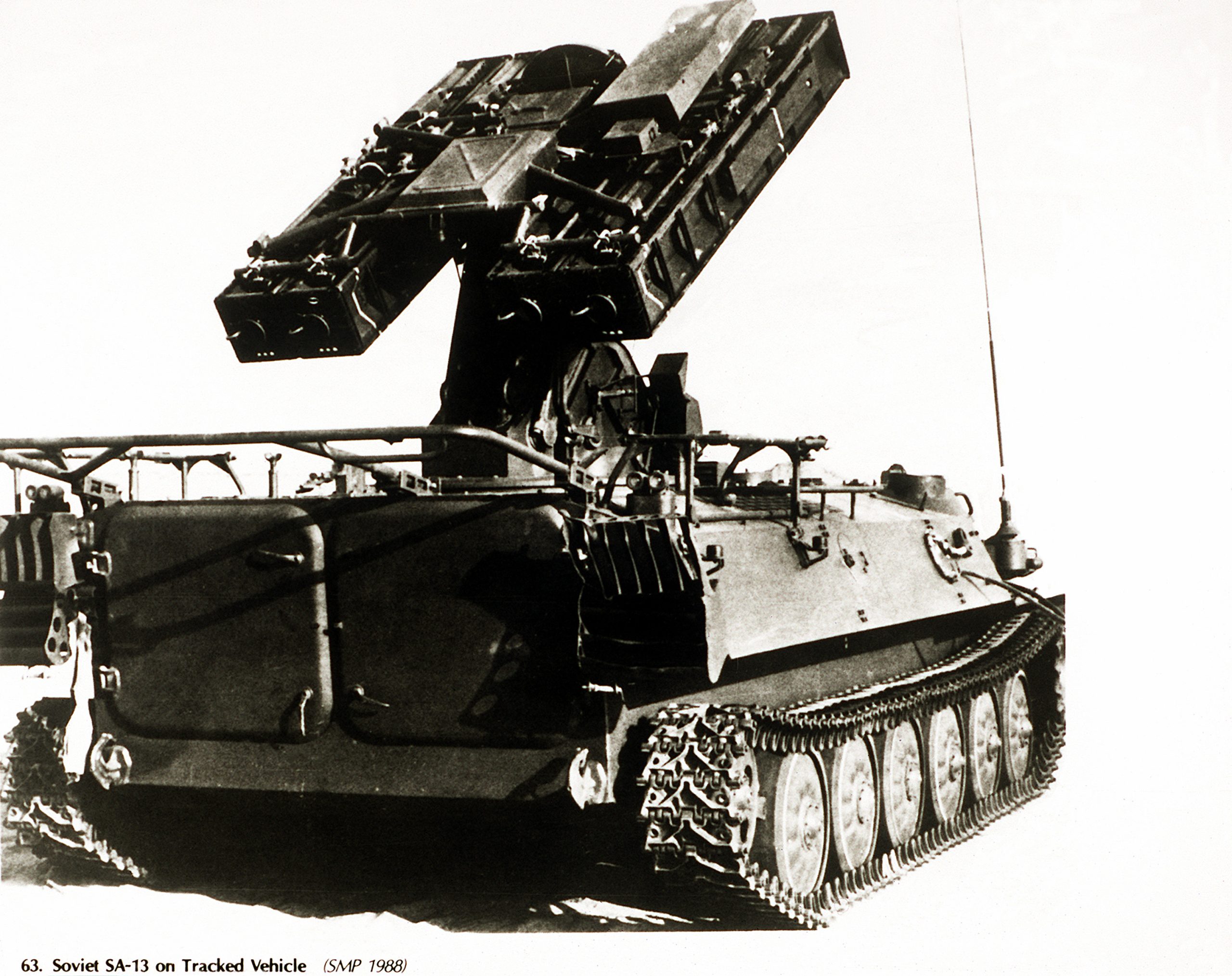 A Soviet SA-13 missile launcher mounted on a tracked vehicle.
