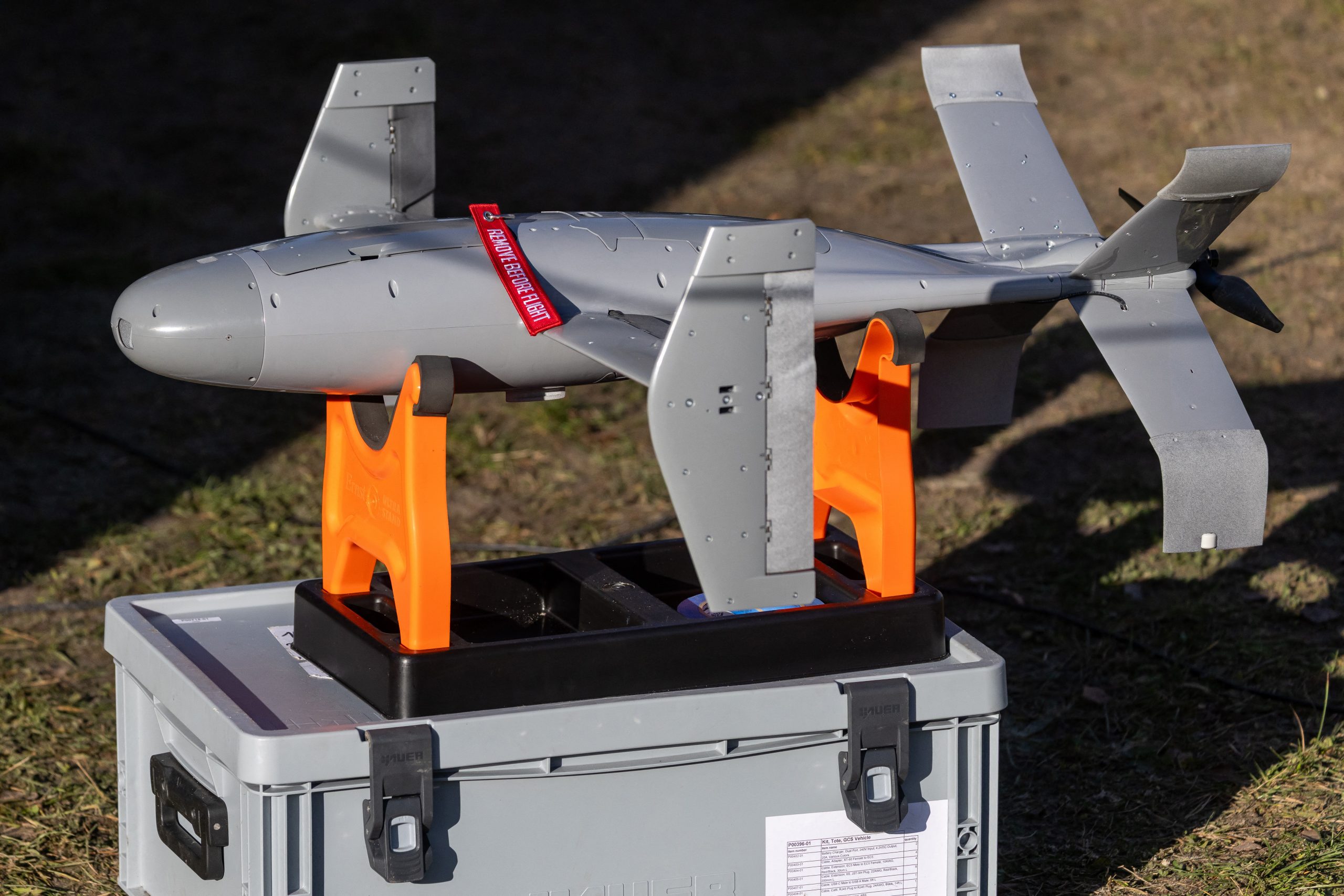 An interception drone of the American MEROPS counter drone system is seen during tests at the Nowa Deba military training ground, south-eastern Poland, on November 18, 2025. (Photo by Wojtek RADWANSKI / AFP) (Photo by WOJTEK RADWANSKI/AFP via Getty Images)