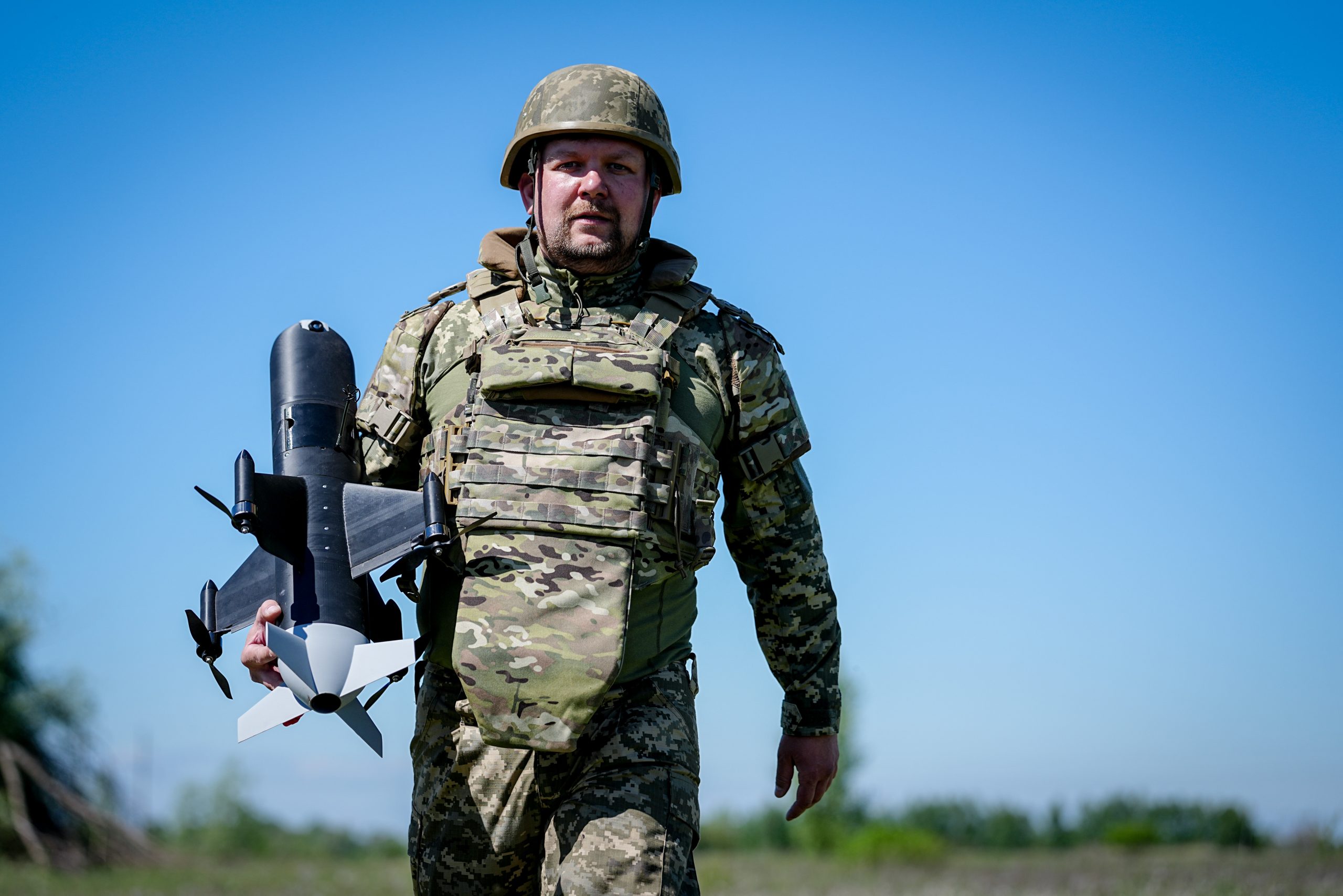 11 May 2026, Ukraine, Kiew: A Ukrainian soldier returns the Zirka interceptor drone after a test flight during Defense Minister Pistorius' visit to a drone defense site on the outskirts of Kiev. Political talks are on the agenda. Photo: Kay Nietfeld/dpa (Photo by Kay Nietfeld/picture alliance via Getty Images)