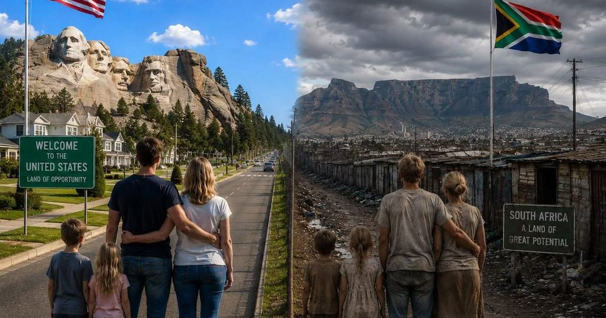 Image contrasting two families: one in front of Mount Rushmore in the United States and the other in a South African shantytown, highlighting disparities in opportunity.