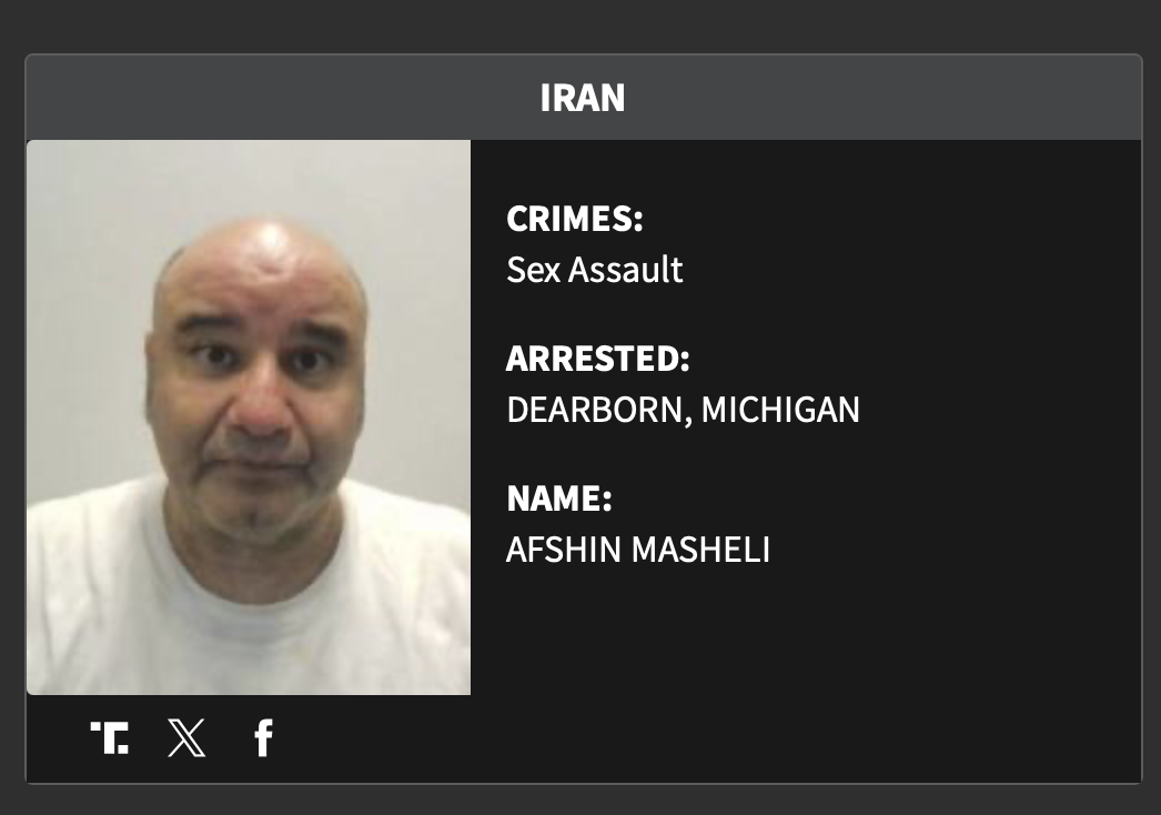 Mugshot of Afshin Masheli, arrested in Dearborn, Michigan for sex assault, with details of crimes and location displayed.