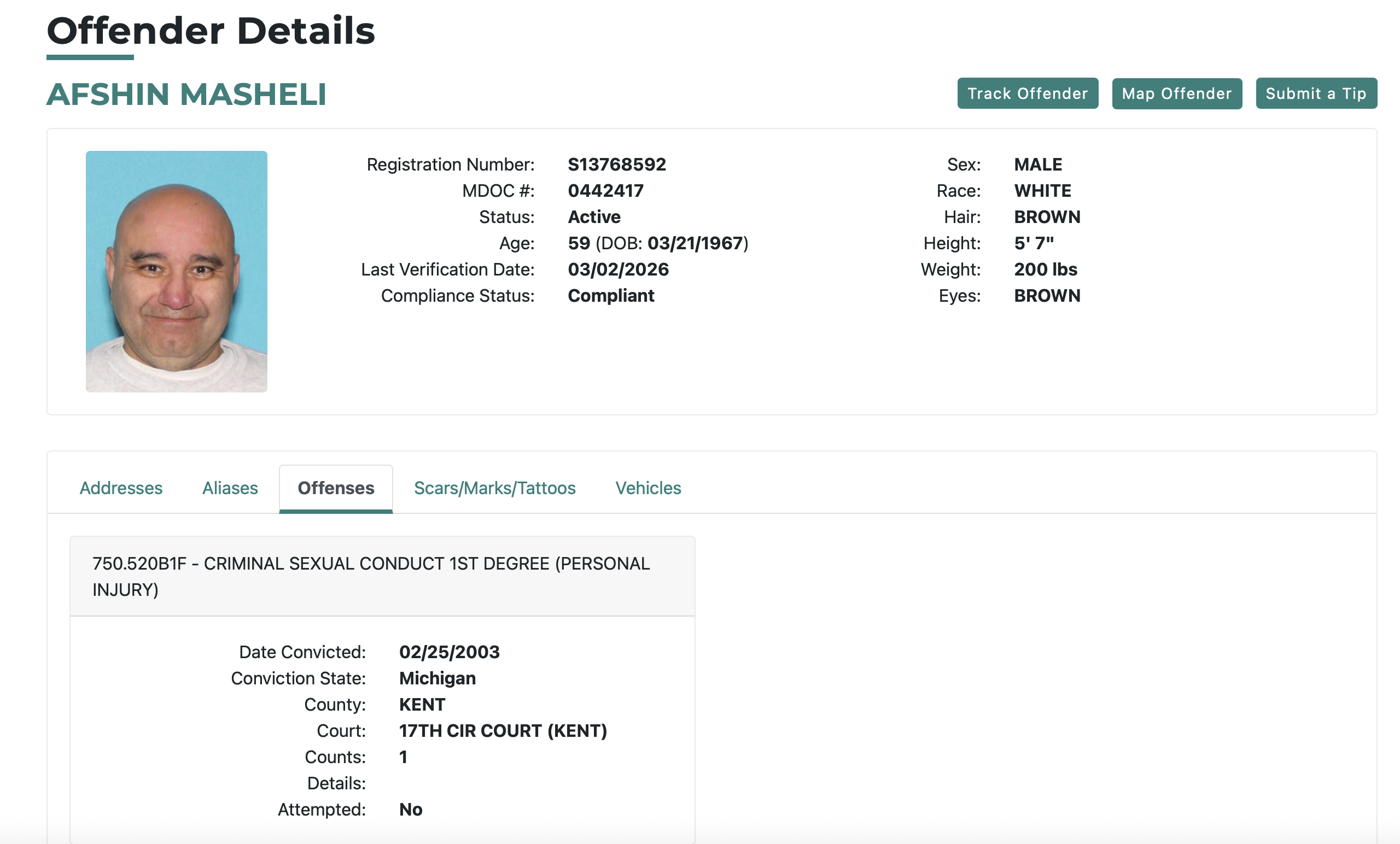 Offender details for Afshin Masheli, a 59-year-old male registered in Michigan for criminal sexual conduct, including physical characteristics and compliance status.