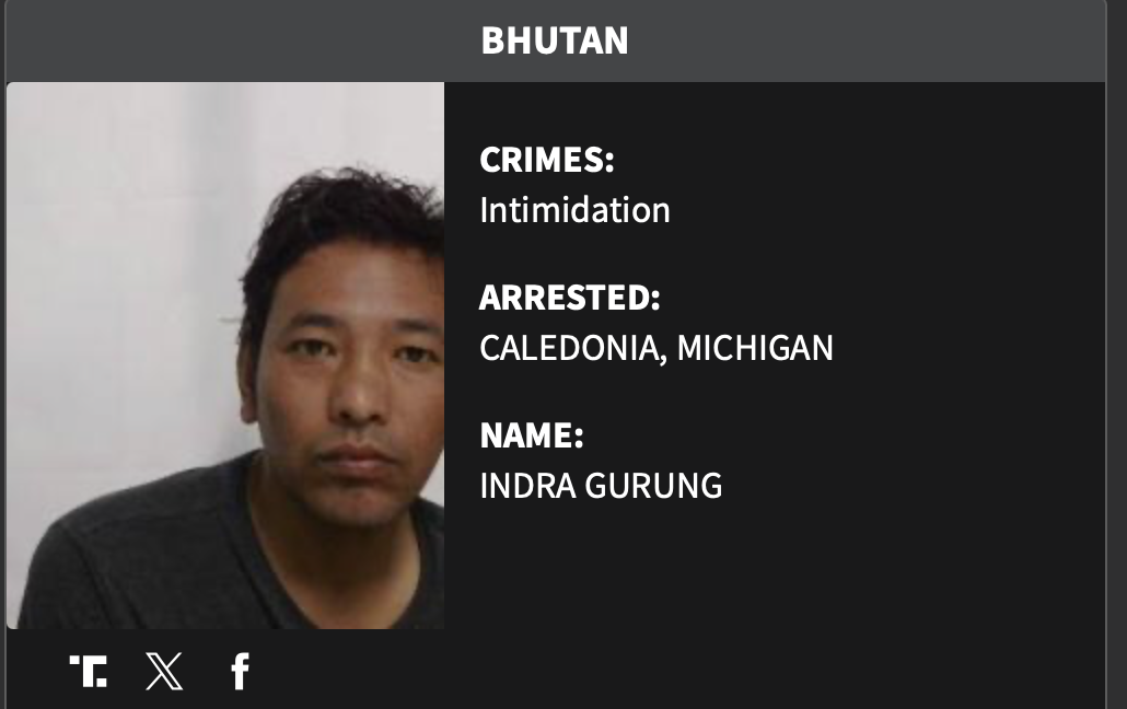 Mugshot of Indra Gurung, arrested in Caledonia, Michigan for intimidation, representing a crime-related case from Bhutan.