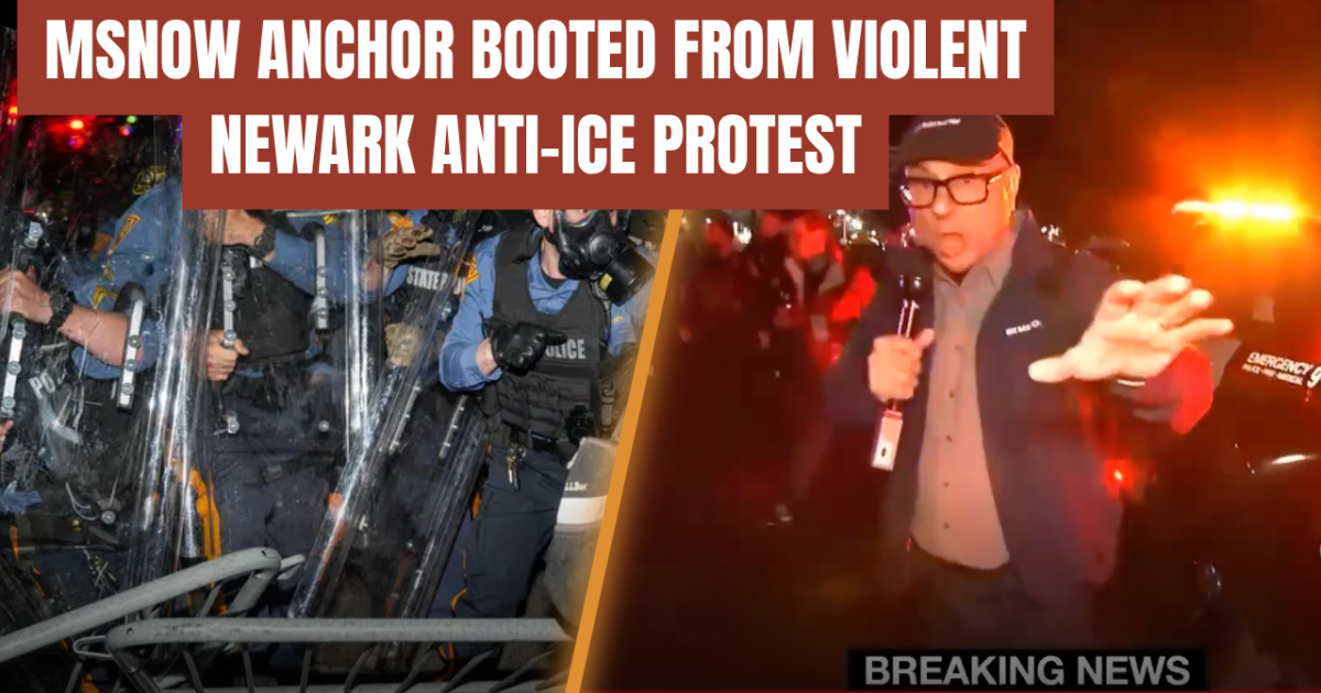 MSNOW anchor reports live from a chaotic anti-ICE protest in Newark, featuring police in riot gear and emergency vehicles in the background.