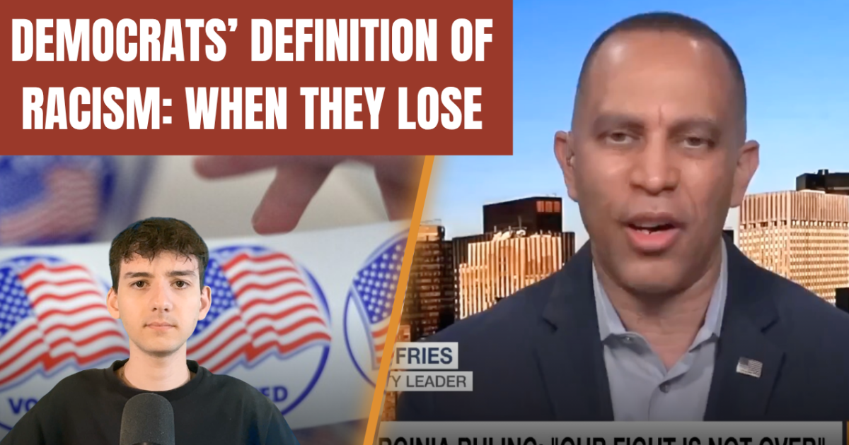 Political discussion featuring a young man and a political leader addressing the concept of racism in the context of election outcomes, with voting stickers in the background.