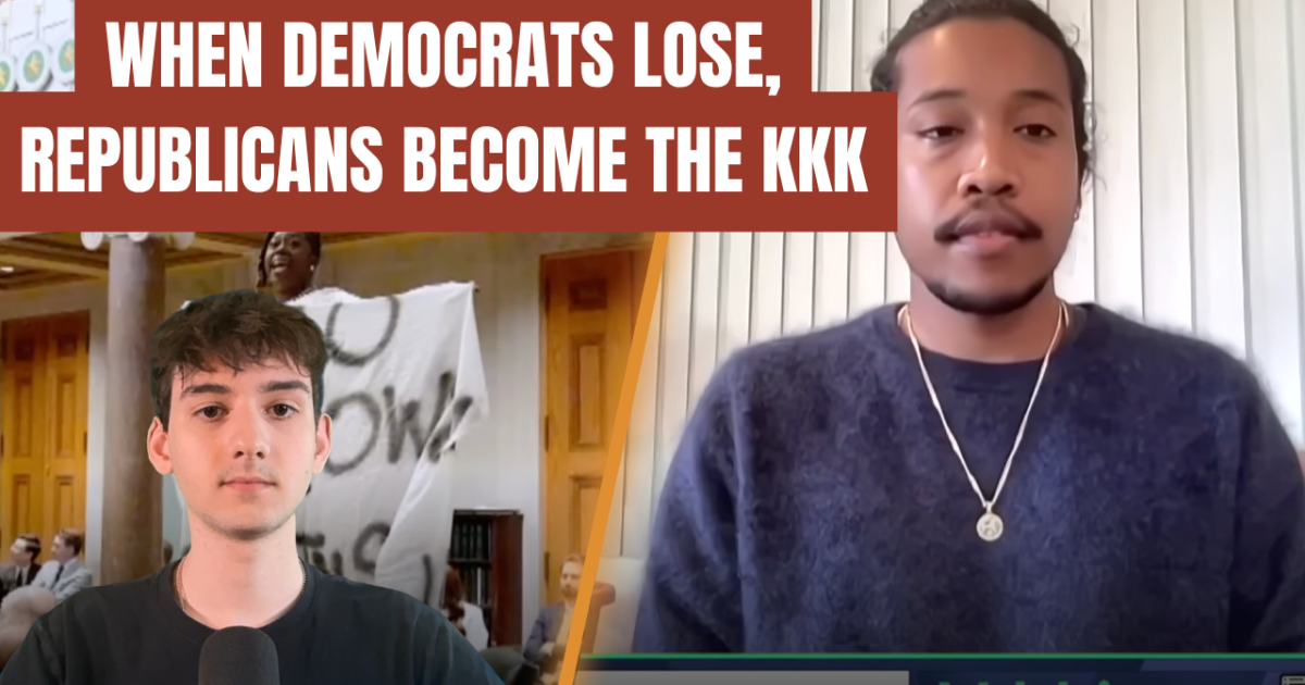 Two speakers discuss political tensions, with a background featuring a protest scene and a banner, highlighting the impact of party losses on societal dynamics.
