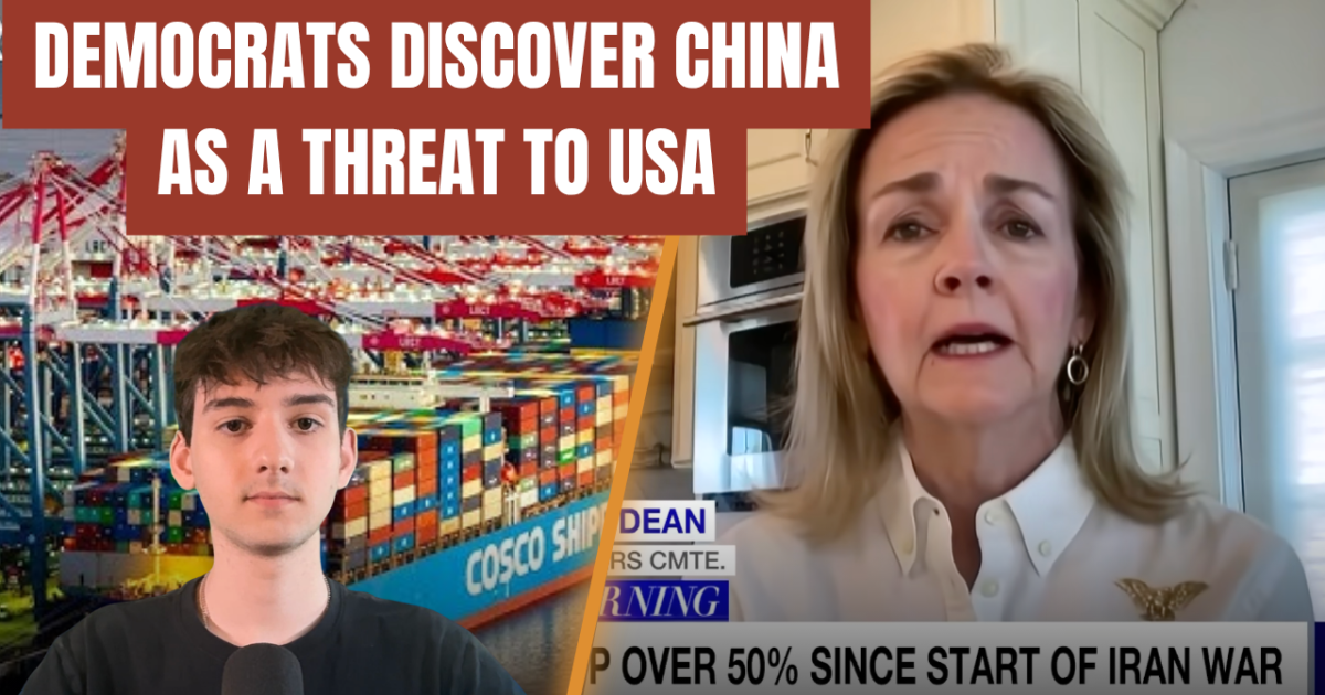 Discussion on the perceived threat of China to the USA featuring a speaker and a backdrop of shipping containers.