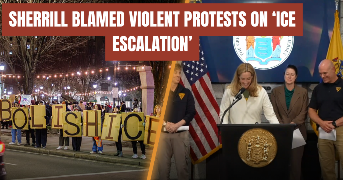 Protesters hold signs during a demonstration, while a public official addresses a press conference regarding recent violent protests and ICE actions.