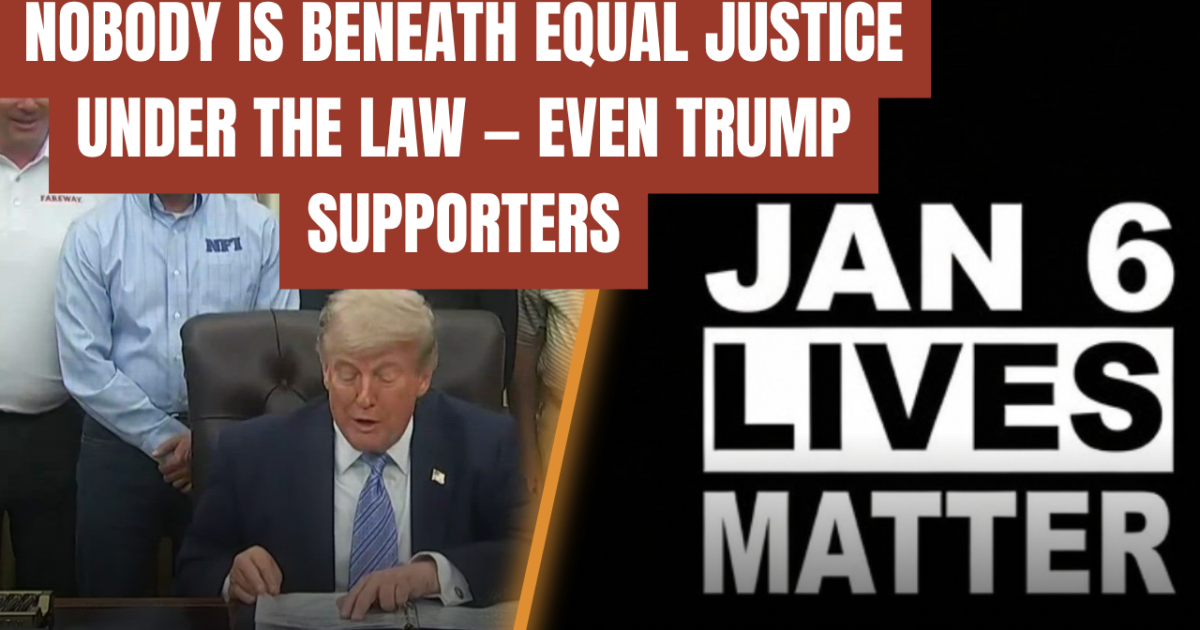 Former President Trump speaks at a podium, emphasizing equal justice under the law, with a graphic stating "January 6 Lives Matter" in the background.