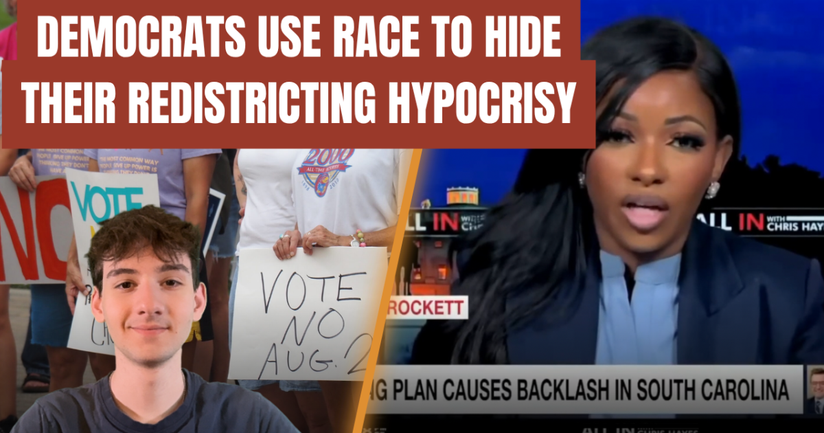 Image depicting a political discussion on redistricting hypocrisy, featuring a young man and a woman speaking, with protest signs advocating for voting rights in the background.