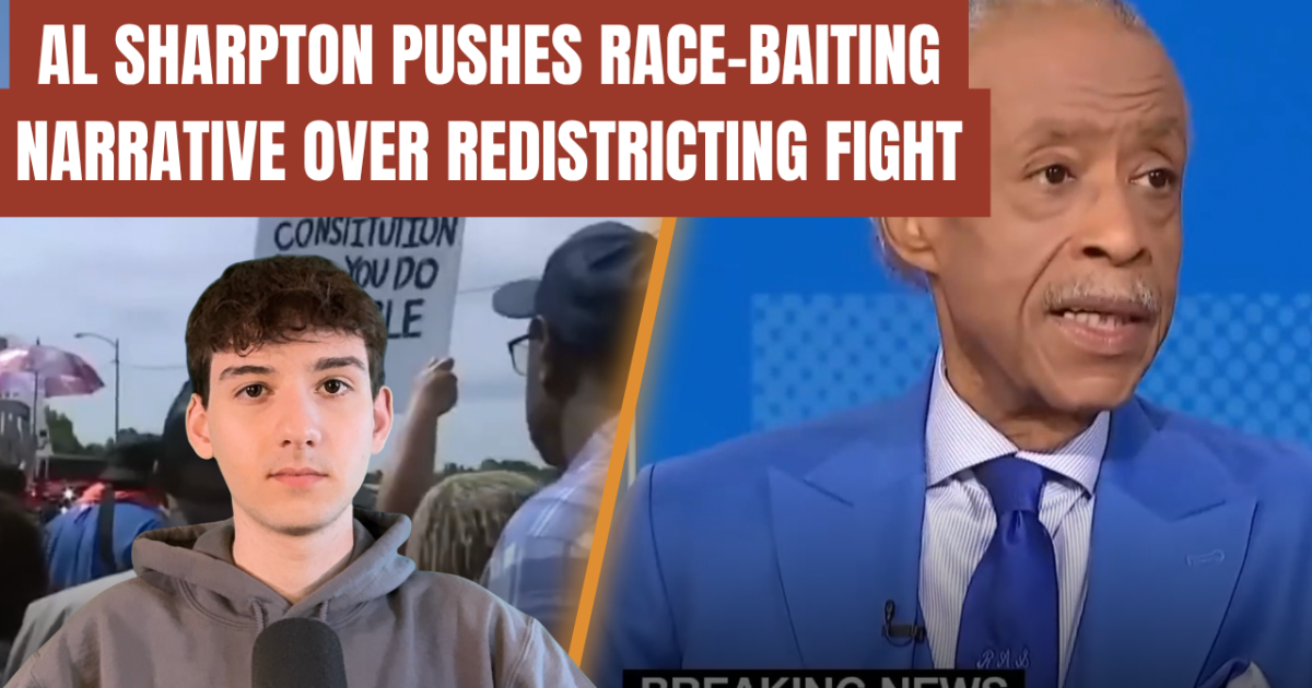 Al Sharpton discusses race-baiting narratives in a redistricting debate, with protestors visible in the background holding signs.