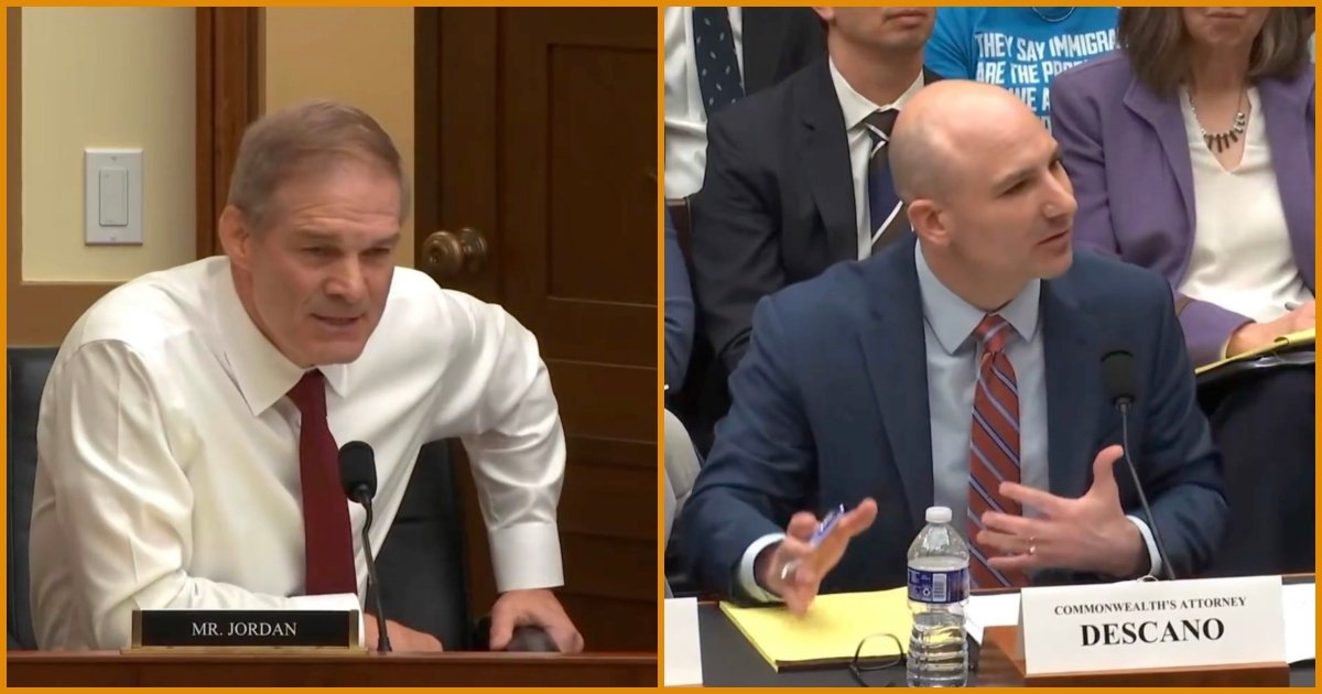 Congressional hearing featuring Mr. Jordan and Commonwealth's Attorney Descano discussing legal matters, with an audience present in the background.