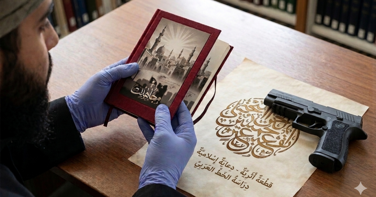 A person in gloves examines a book featuring Islamic architecture alongside a firearm and an ornate Arabic script on parchment.