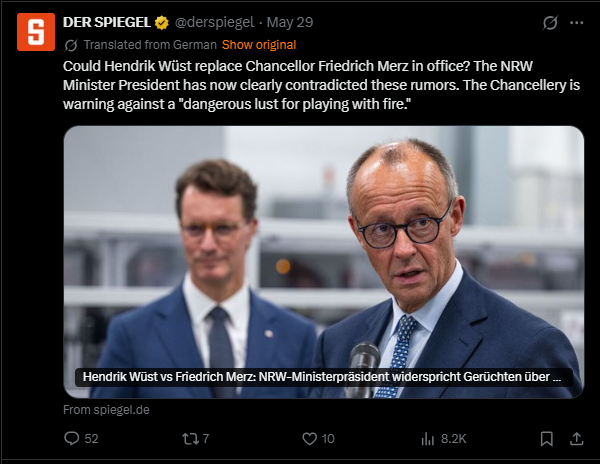 Hendrik Wüst and Friedrich Merz discuss political rumors in a press conference, highlighting tensions and leadership concerns in German politics.