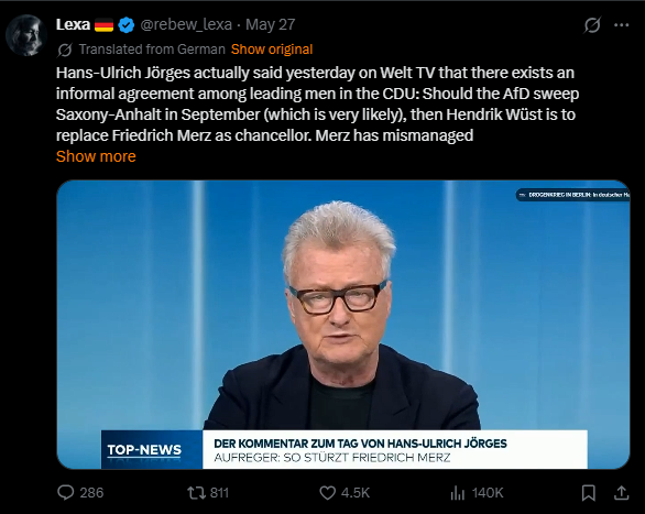 News commentary on political developments in Germany, featuring Hans-Ulrich Jörges discussing potential changes in CDU leadership and implications for Friedrich Merz.