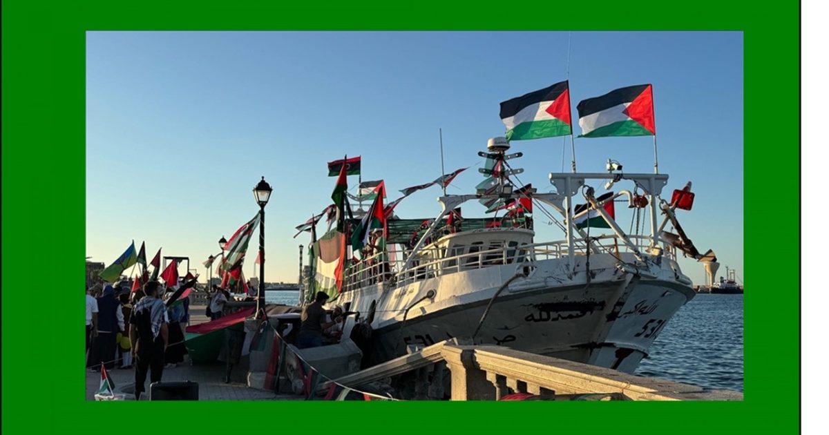 A decorated boat with Palestinian flags is docked at a waterfront, surrounded by people and colorful banners during a cultural or political event.