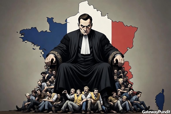 Illustration of a stern figure in judicial robes sitting atop a group of men, with the outline of France in the background, symbolizing authority and societal issues.