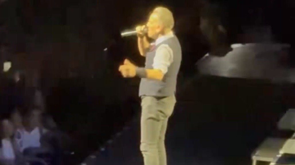 Singer performing live on stage with a microphone, engaging the audience in a vibrant concert atmosphere.