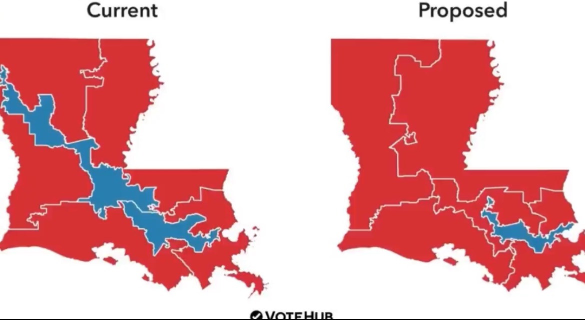 Map comparison of current and proposed congressional districts in Louisiana, highlighting changes with blue areas on a red background.