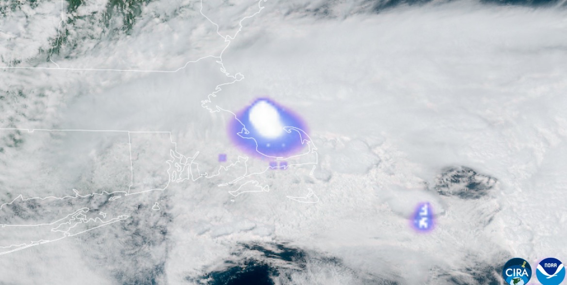 Satellite image showing cloud cover and weather patterns over the eastern United States and surrounding ocean areas.