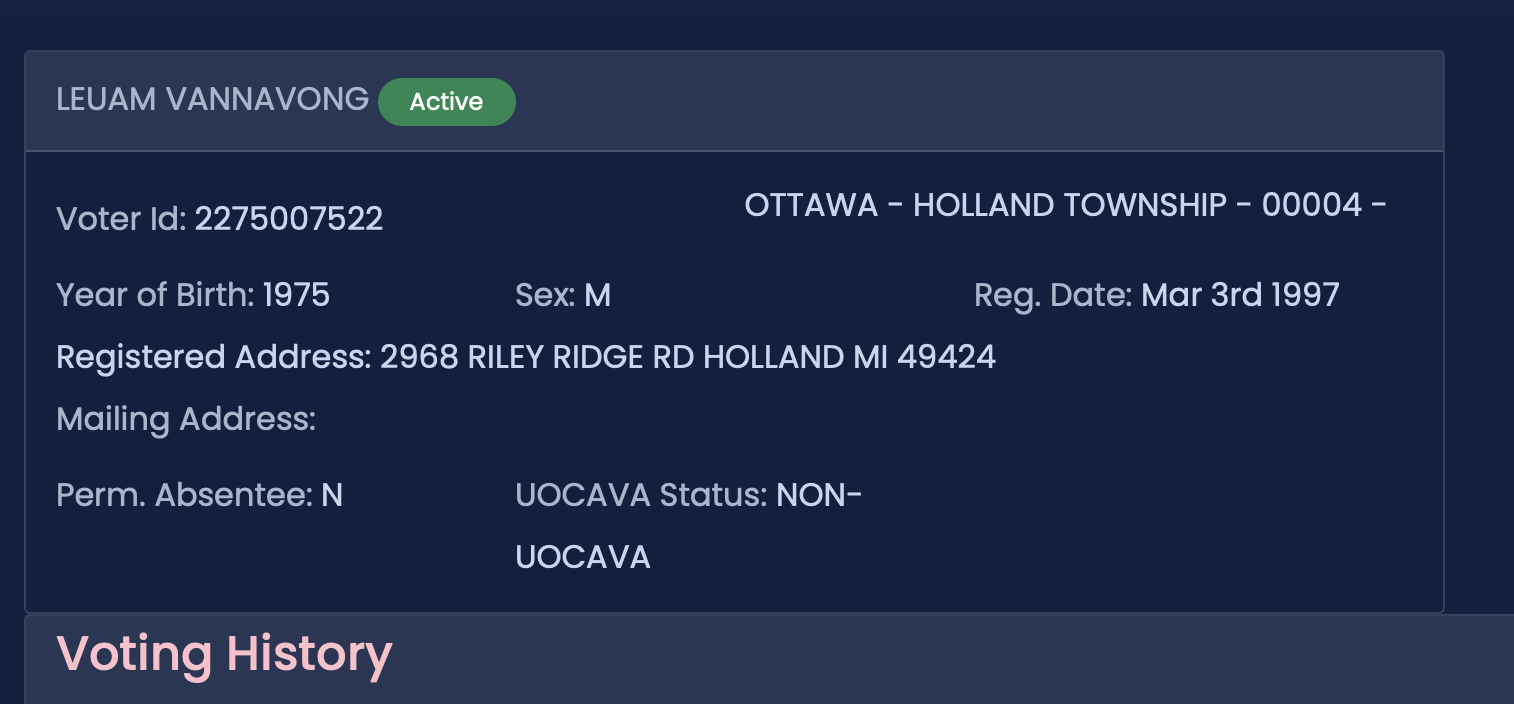 Voter registration details for Leuam Vannavong, including voter ID, birth year, registered address, and voting status in Ottawa, Holland Township, Michigan.