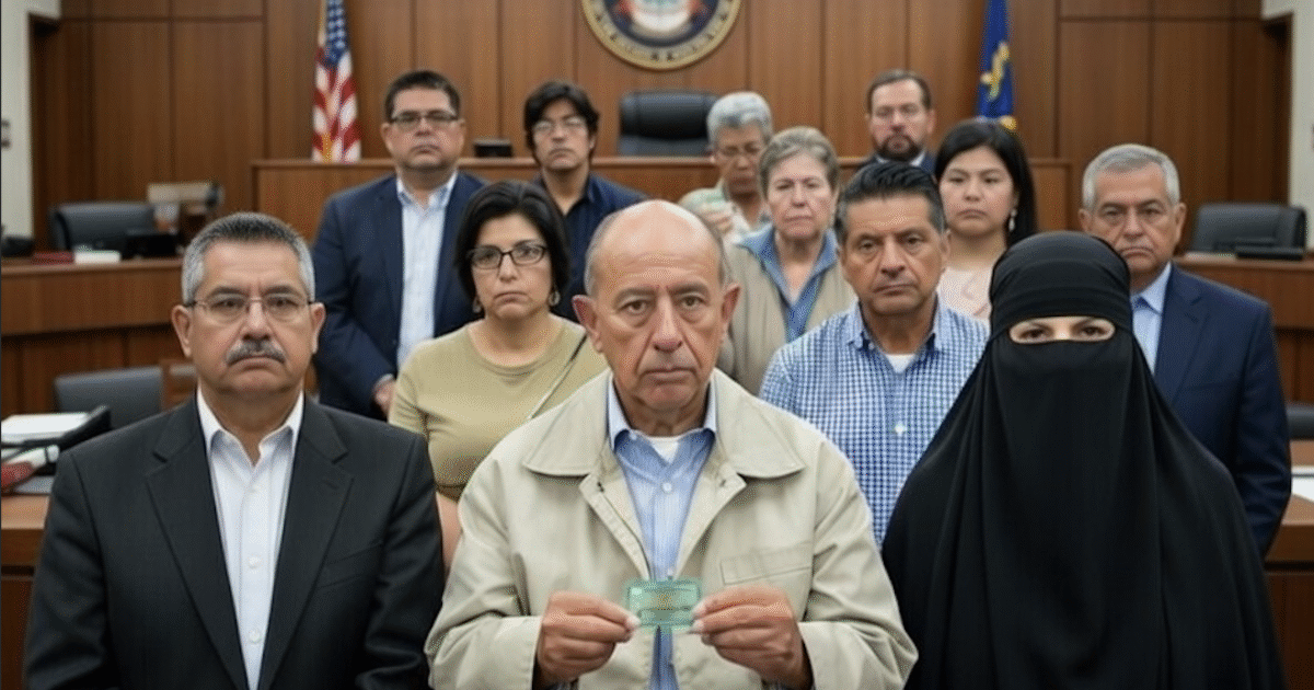 A diverse group of individuals stands in a courtroom, with one person holding a green card, highlighting community engagement in legal matters.