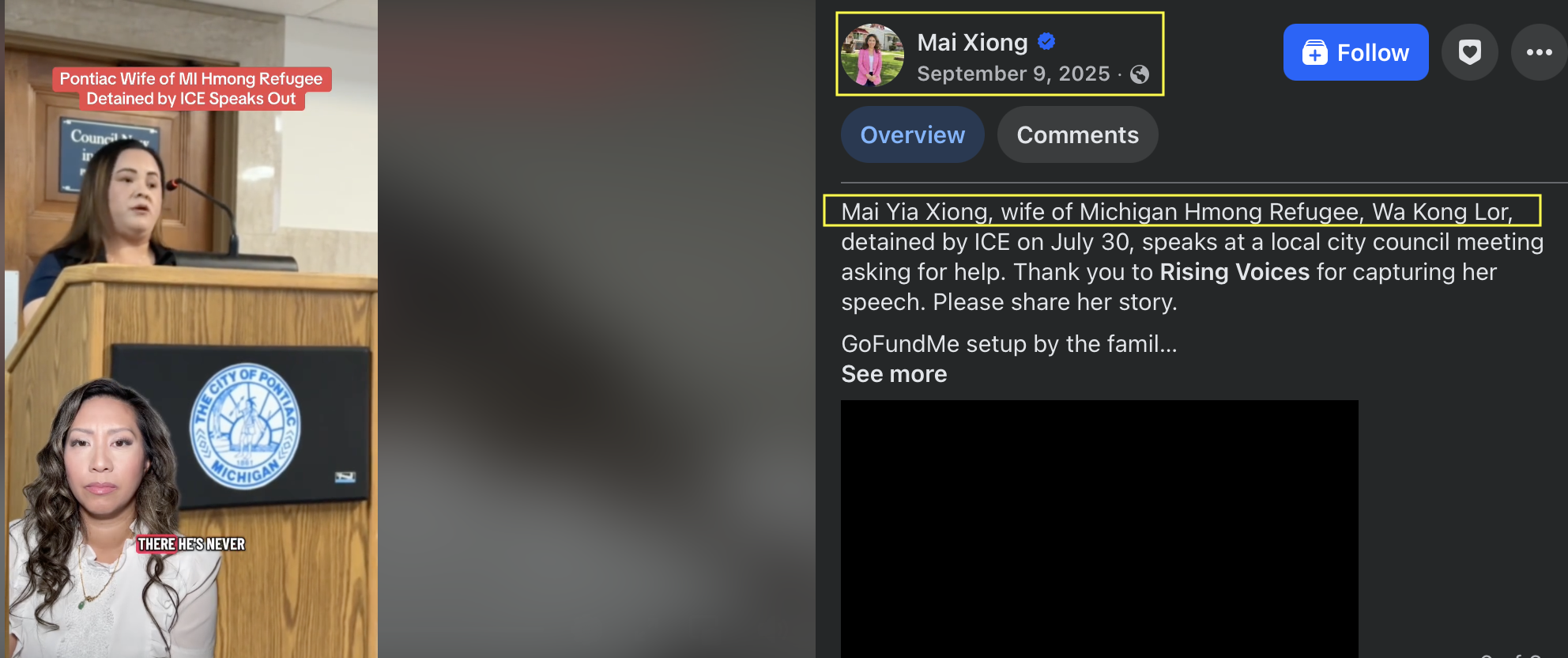 Mai Xiong speaking at a Pontiac city council meeting about her husband, a Hmong refugee detained by ICE, advocating for his release and community support.