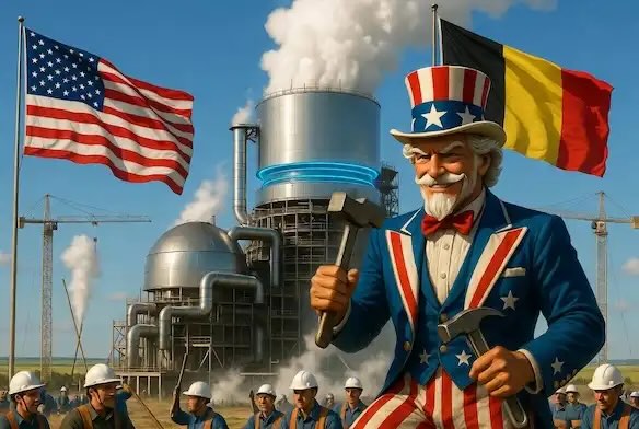 Uncle Sam stands prominently in front of industrial facilities with American and Belgian flags, symbolizing international collaboration in energy and manufacturing sectors.
