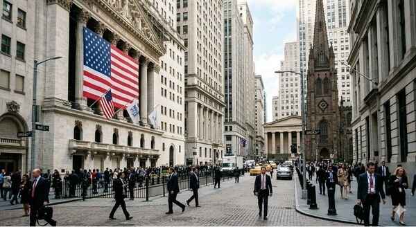 Crowd of professionals walking near the New York Stock Exchange, featuring American flags and historic architecture in a bustling financial district.